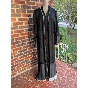 Gothic Victorian Black Paisley Maxi Dress w/ Floral Applique-Bell Sleeves Sz OS